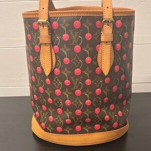 Louis Vuitton Monogram Cherry Bucket Bag in Brown and Red with Tan Trim